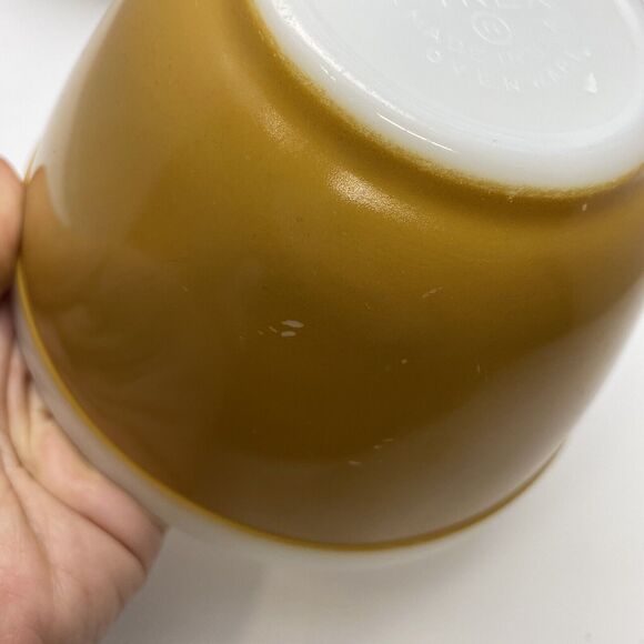 Vtg Pyrex Americana Brown 2 Mixing Bowls 401 402 Gold Olive Green White Rim - Picture 5 of 10